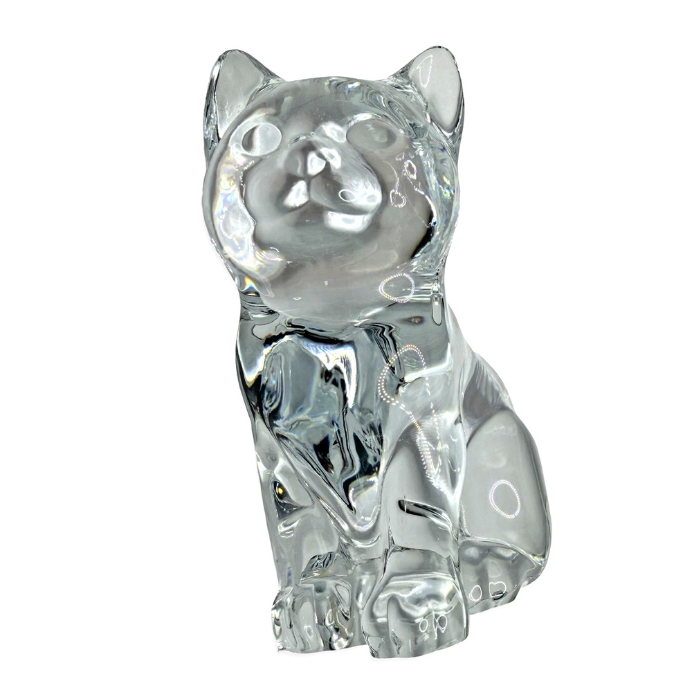 Vintage Clear Glass Cat Figurine Paperweight Sculpture 3.5” Heavy Solid